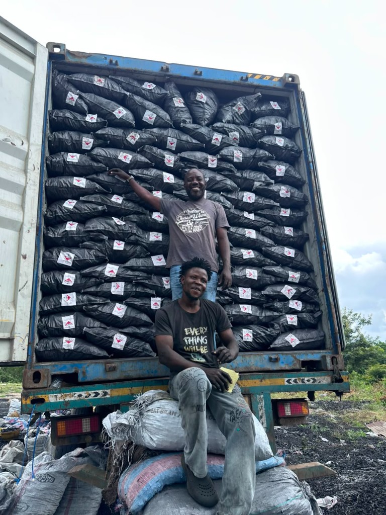 A container packed with bagged charcoal